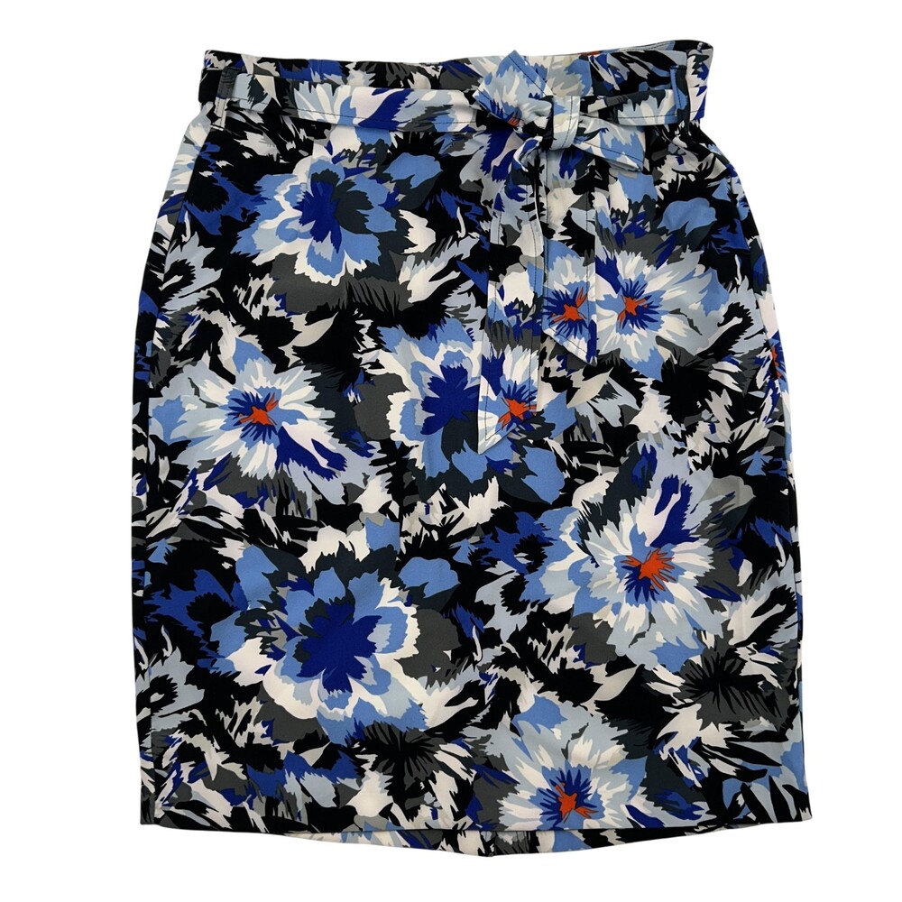 Lane Bryant Skirt Womens 18 Blue Floral Pencil Knee Stretch Bow Belted Pockets